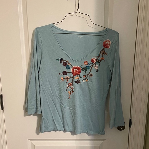 Garnet Hill Tops - Garnet Hill Light Blue Floral Embroidered Long Sleeve Top